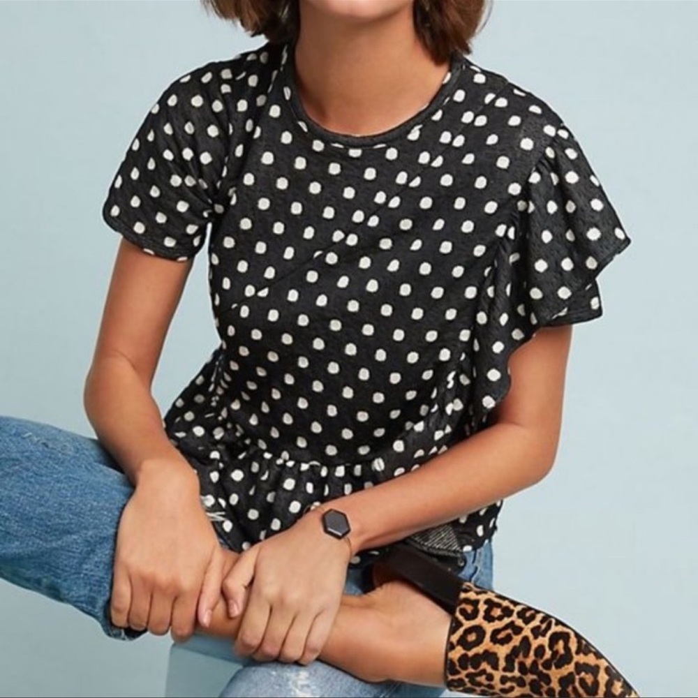 Eva Franco Anthropologie Polka Dot Top Stretch Sz XL e1